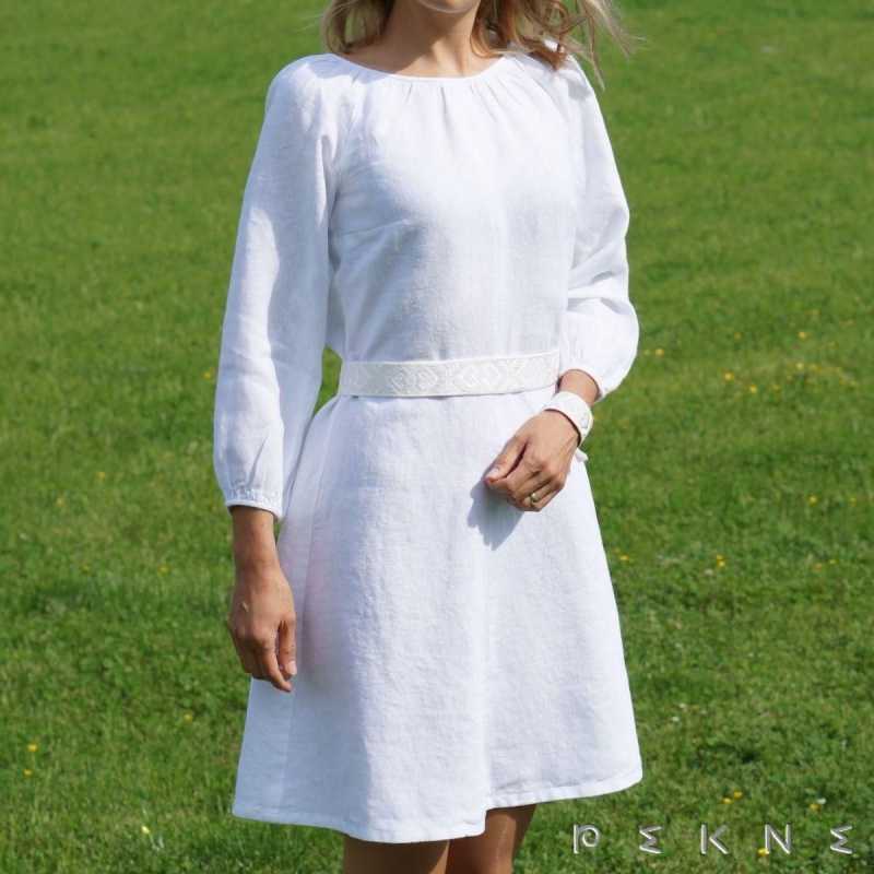 Šaty - opasok, s dlhým rukávom - biele - Romantické ľanové šaty s odnímateľným vyšívaným opaskom